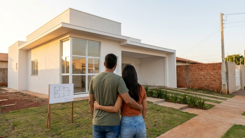 Casal admirando sua nova casa modular pronta e sem entulhos