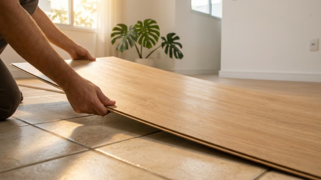 Mão posicionando piso vinílico sobre cerâmica antiga sob luz solar