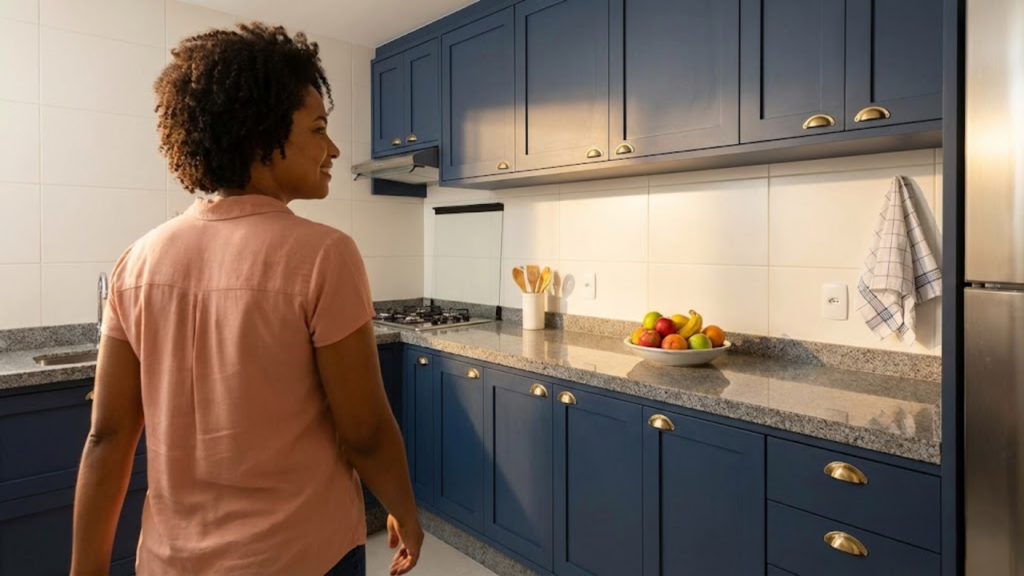 Dona de casa admirando a cozinha renovada e moderna sem obra