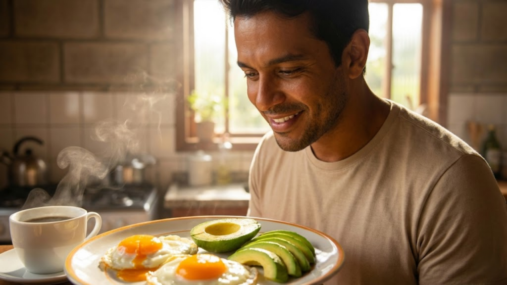 Homem saudável com café da manhã nutritivo sob luz matinal