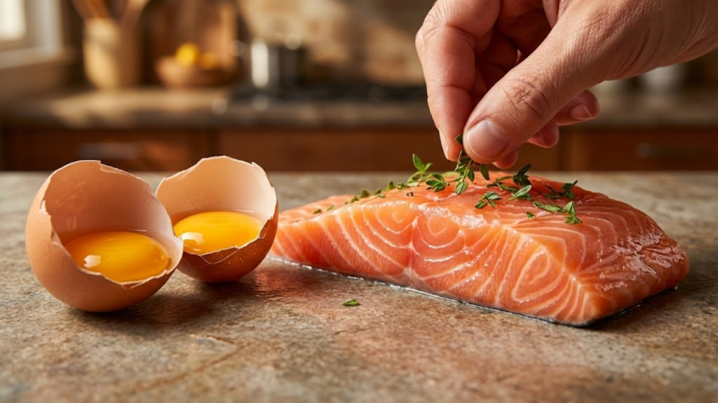 Macro de salmão fresco e gemas de ovos, fontes de colina