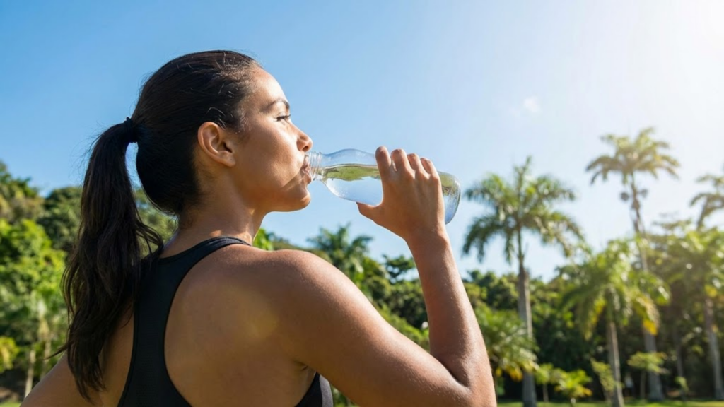 Mulher renovada bebendo água em um parque tropical ensolarado