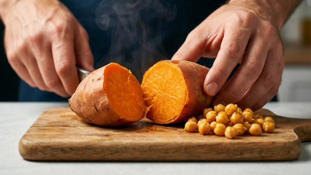 Mãos preparando batata-doce e grão-de-bico frescos
