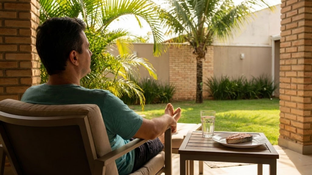 Homem relaxando ao sol com refeição saudável e água