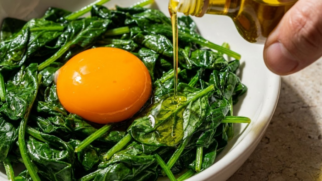 Azeite de oliva sendo derramado sobre espinafre e ovos frescos