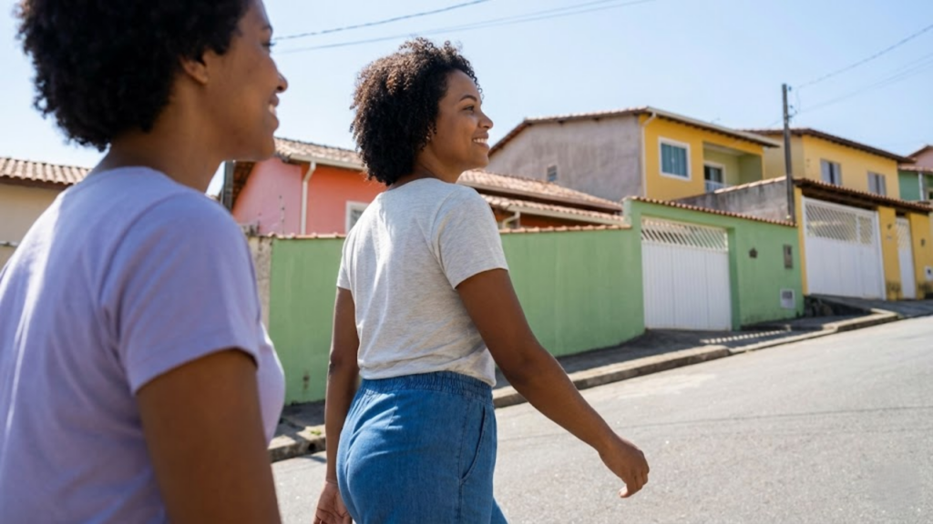 Mulher caminhando com facilidade e fôlego em um bairro ensolarado