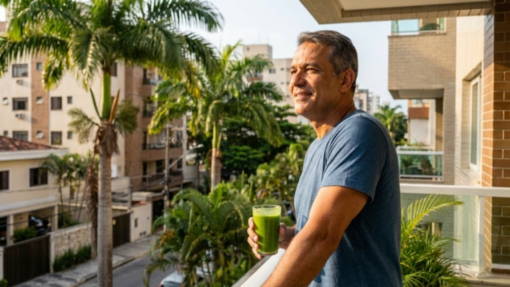 Homem maduro e saudável aproveitando a manhã com energia e vigor