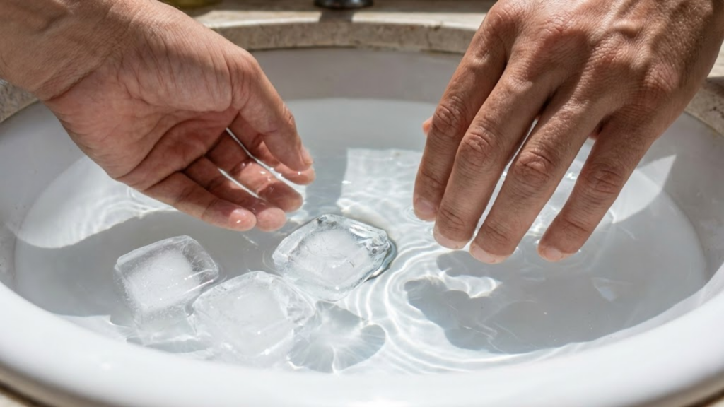 Macro de bacia com água e gelo sob luz intensa do dia