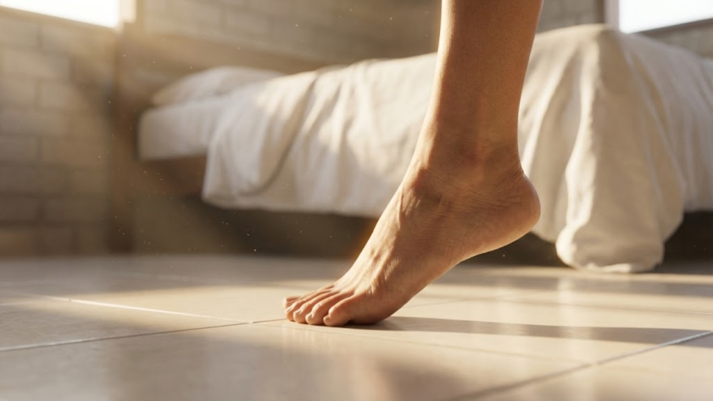 Mulher pisando no chão com leveza e alívio ao acordar