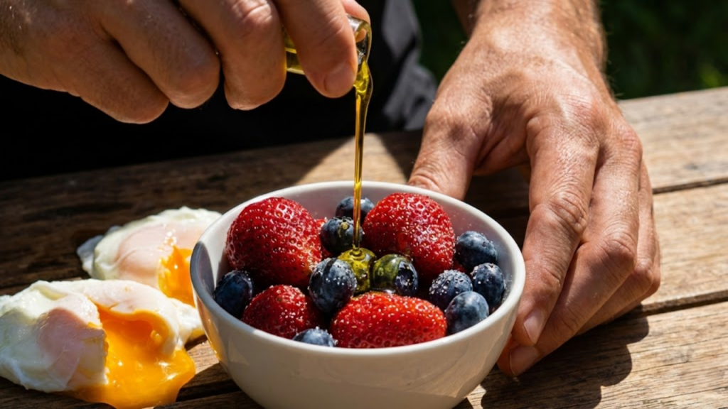Close-up de azeite e frutas vermelhas, fontes de cura natural