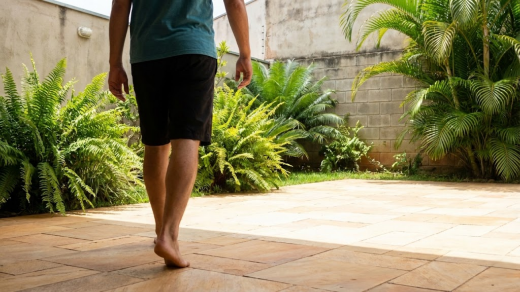 Pessoa caminhando descalça e sem dor em um quintal ensolarado