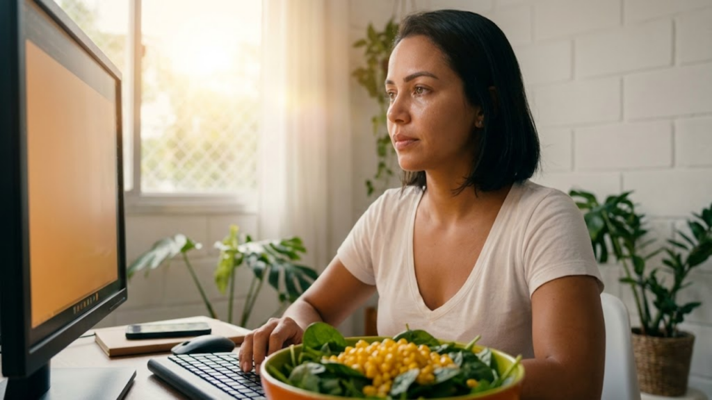 Mulher com visão descansada trabalhando em ambiente ensolarado e saudável