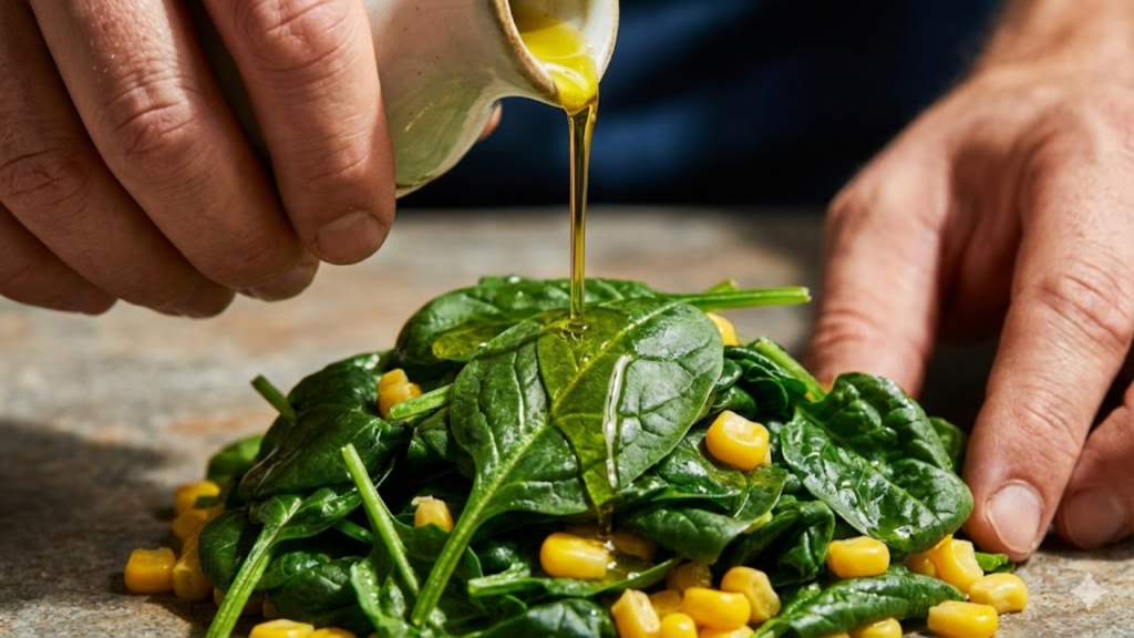 Close-up de azeite sendo derramado sobre milho e espinafre frescos