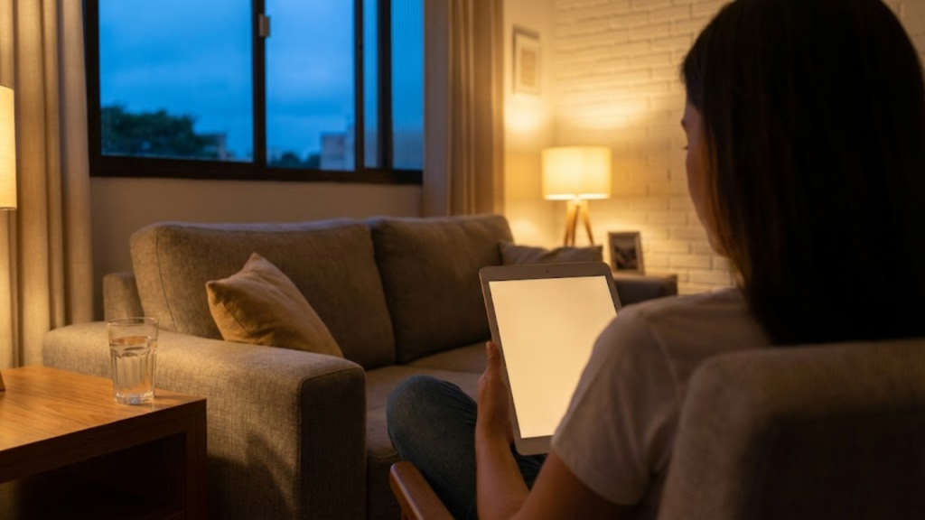Pessoa usando tablet com conforto visual em sala aconchegante ao anoitecer