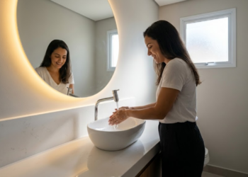 Mulher sorrindo em banheiro moderno com espelho de LED e bancada nova
