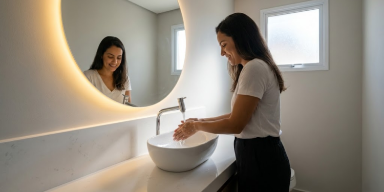 Mulher sorrindo em banheiro moderno com espelho de LED e bancada nova