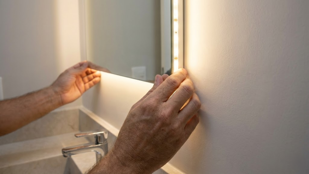 Mãos instalando fita de LED atrás do espelho em reforma sem sujeira