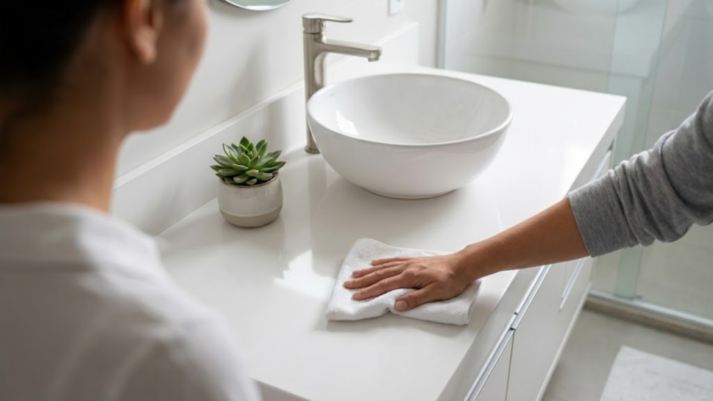 Pessoa limpando bancada de quartzo lisa e impecável com facilidade