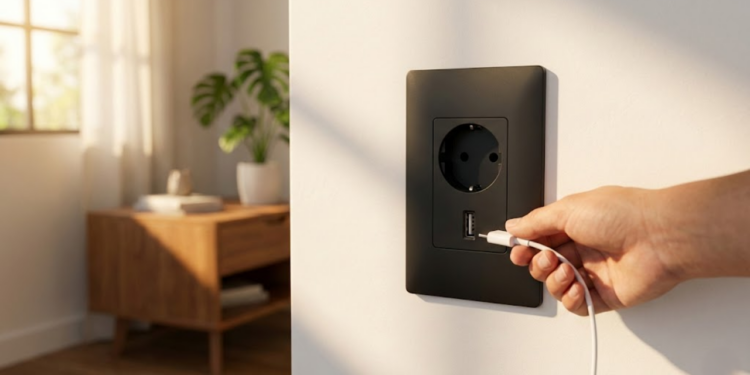 Mão conectando cabo USB em uma tomada moderna preta fosca na parede