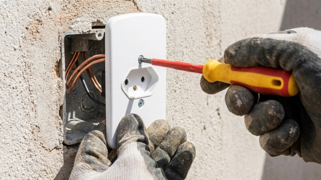 Macro do eletricista fixando uma tomada nova de três pinos com segurança.
