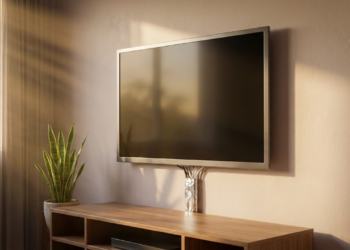 Sala limpa com a TV e cabos organizados em alumínio