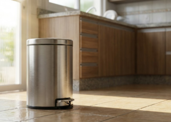 Lixeira de pedal limpa em uma cozinha iluminada e arejada