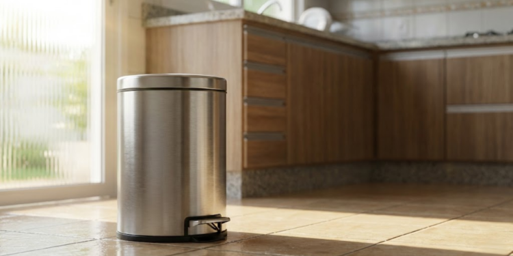 Lixeira de pedal limpa em uma cozinha iluminada e arejada