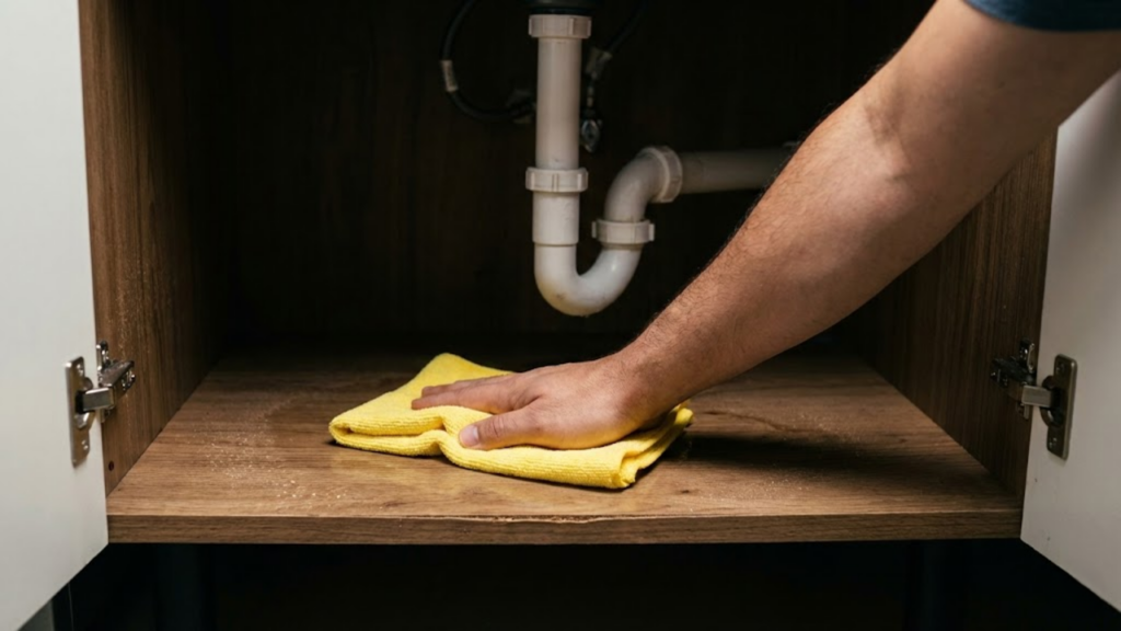 Mãos limpando o interior úmido do armário da pia de casa