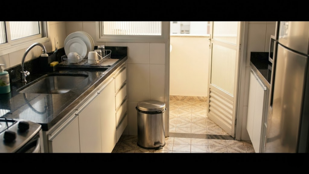 Cozinha ventilada com a lixeira de pedal no lugar certo