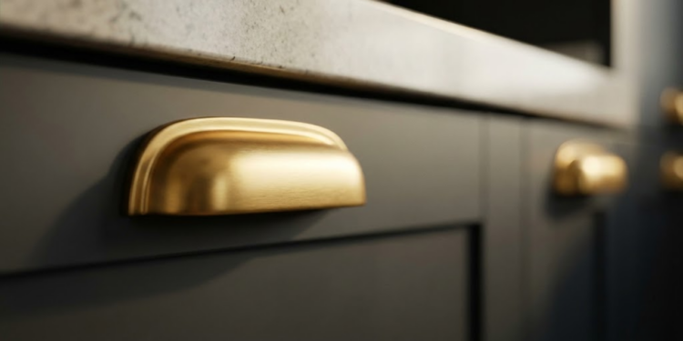 Puxador de armário dourado e luxuoso em cozinha iluminada.
