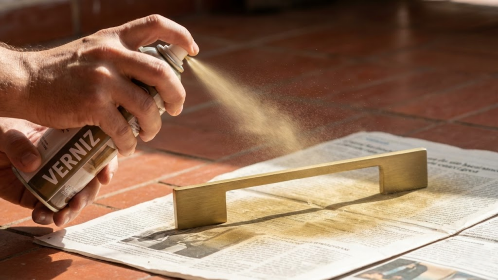 Mãos aplicando spray dourado em um puxador sobre jornais.