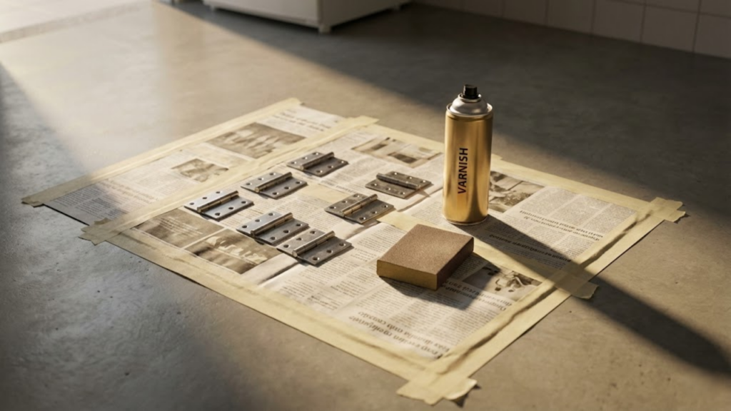 Oficina montada no chão com jornais, lixa e spray.