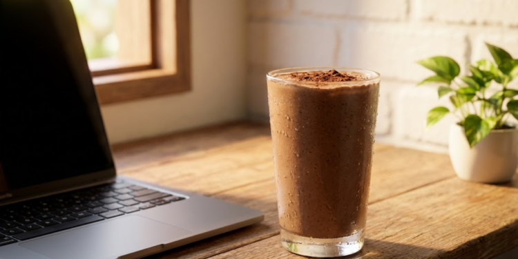 Copo de vitamina cremosa de cacau na mesa de trabalho com notebook