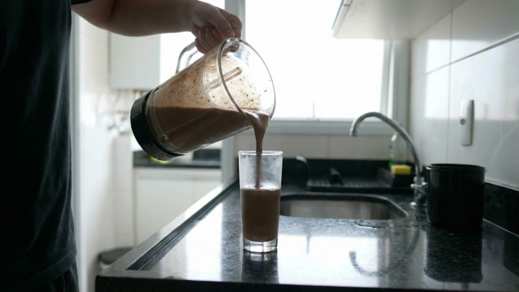 Pessoa servindo a vitamina do liquidificador para o copo na cozinha