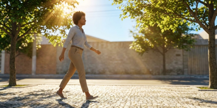 Pessoa caminhando feliz na calçada ensolarada após o almoço