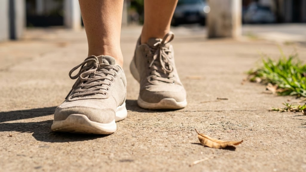 Pés de tênis dando o primeiro passo em uma calçada iluminada