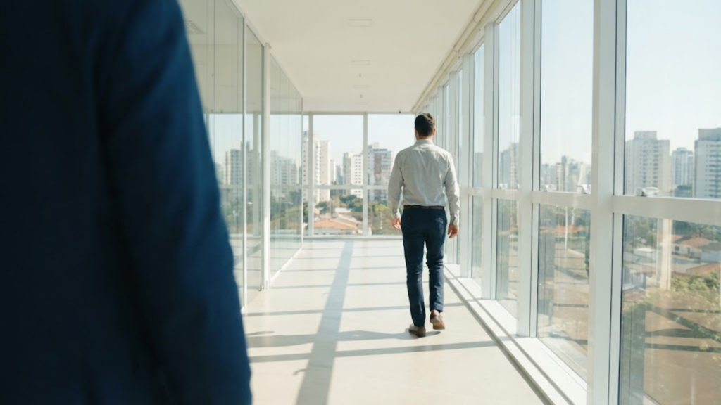 Pessoa caminhando casualmente no corredor iluminado do escritório