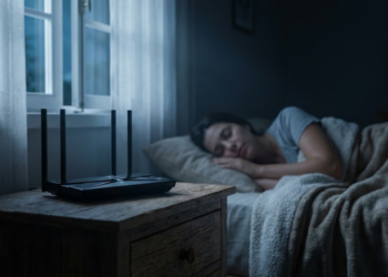 Roteador desligado no escuro com pessoa dormindo ao fundo