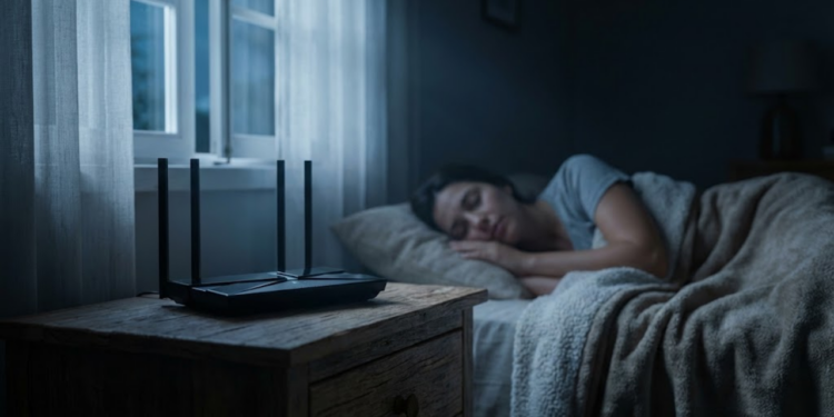Roteador desligado no escuro com pessoa dormindo ao fundo