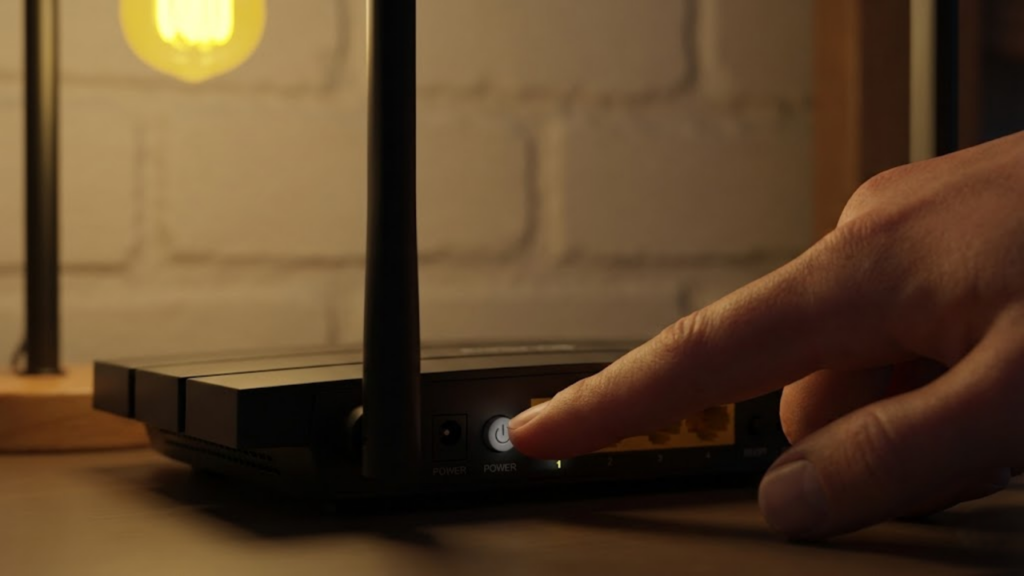 Dedo apertando o botão para desligar o roteador à noite
