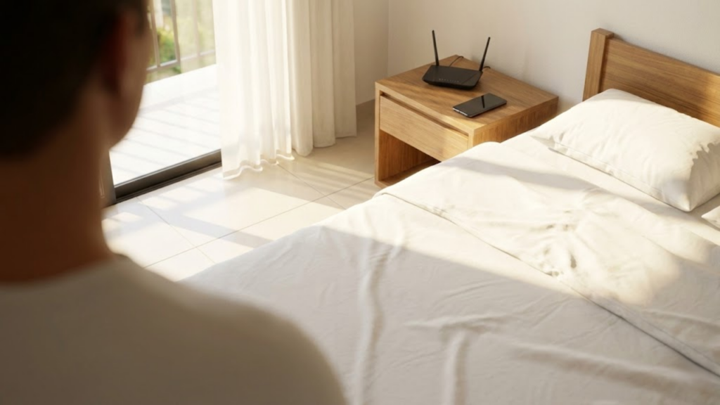 Quarto claro de manhã com o celular e roteador desligados