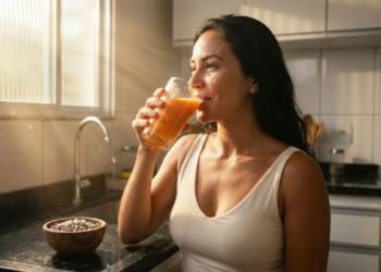 Mulher com pele radiante bebendo vitamina de frutas na cozinha