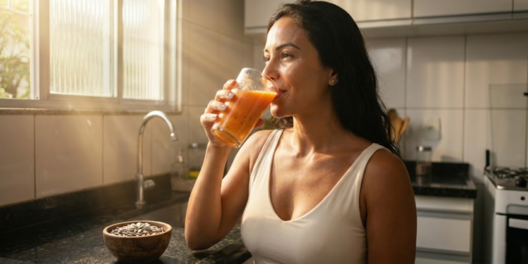 Mulher com pele radiante bebendo vitamina de frutas na cozinha
