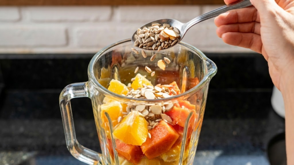 Mãos colocando sementes e frutas frescas no copo do liquidificador