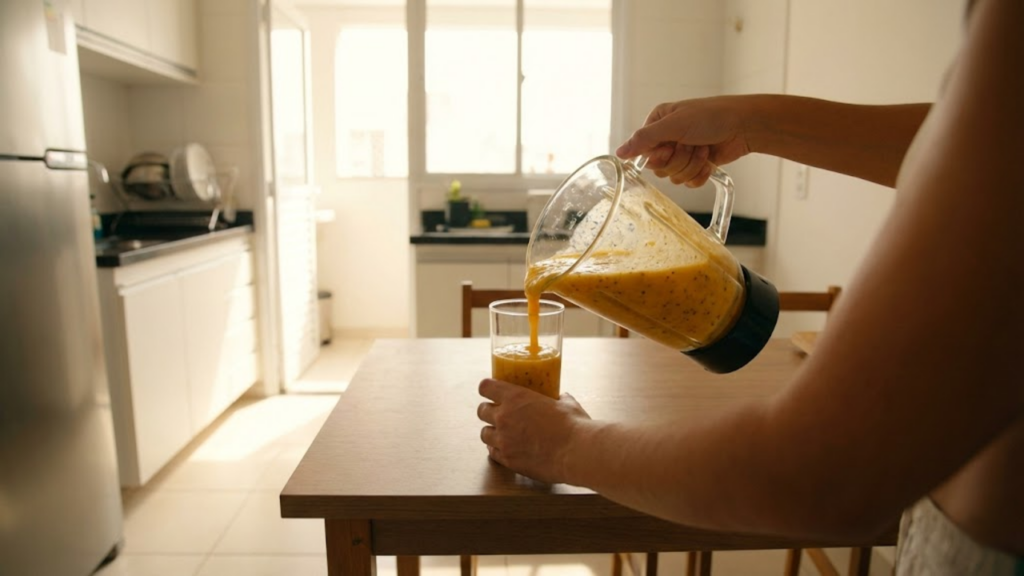 Pessoa servindo a vitamina nutritiva no copo em uma manhã ensolarada