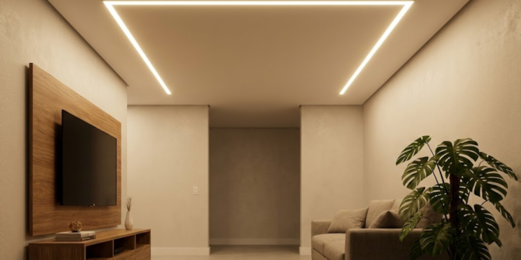 Sala de estar luxuosa com fita de LED quente embutida no teto de gesso limpo