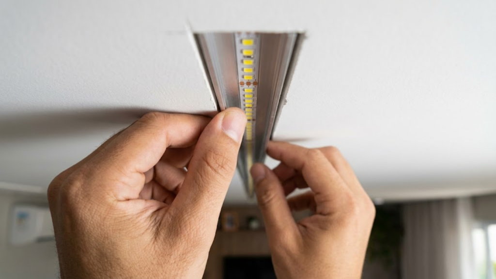 Mãos instalando fita de LED em um perfil de alumínio no teto sem sujeira