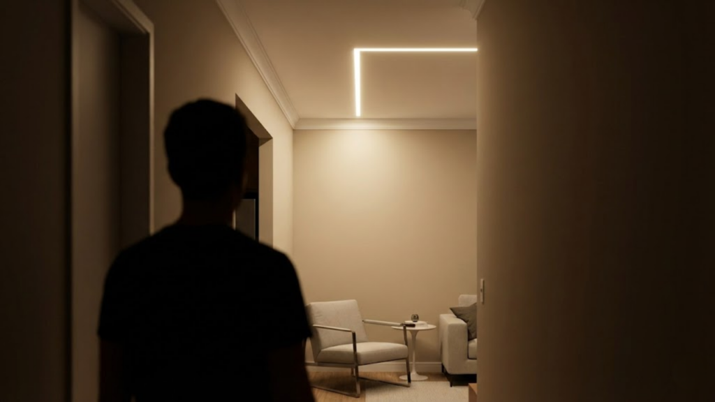 Visão da sala de estar intimista iluminada apenas pelo rasgo de luz no teto