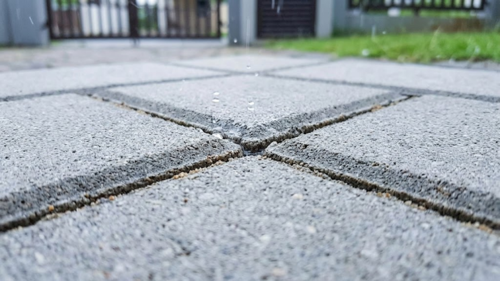 Detalhe macro da água da chuva sendo drenada pelos vãos do piso