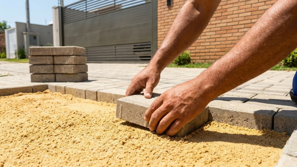 Mãos instalando piso intertravado de forma limpa sobre areia grossa